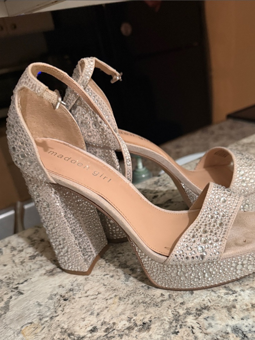 Madden Girl Champagne Crystal Platform Heels